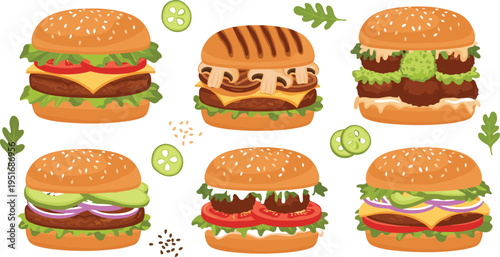 Gourmet burger vector set featuring cheeseburger grilled burger veggie burger and fresh ingredient burgers with delicious fast food illustration