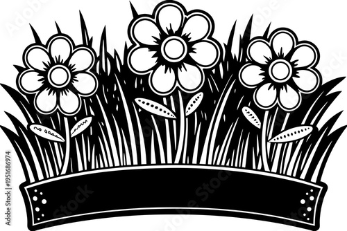 Decorative monochrome vector illustration of three stylized flowers growing in tall grass with an empty customizable banner design below for text.