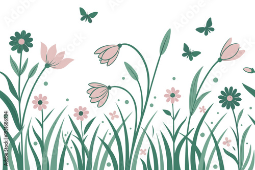 Minimalist vector graphic illustration of a vibrant spring meadow with various stylized flowers, lush green grass, and several butterflies flying cheerfully.