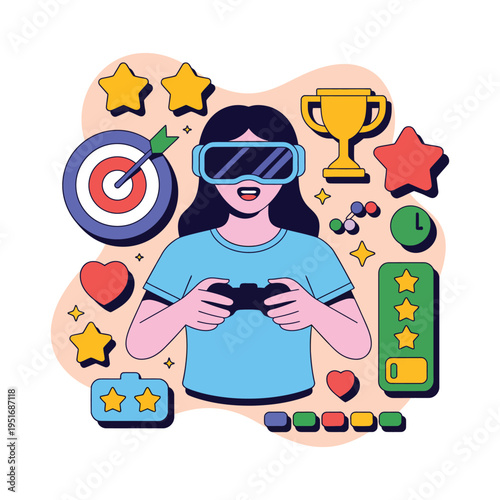 A young woman wearing virtual reality goggles and holding a game controller surrounded by colorful gaming icons and symbols.