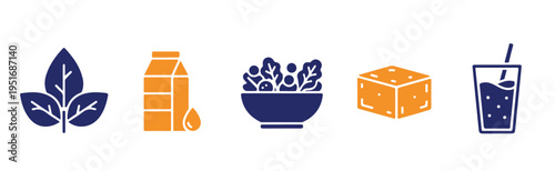 Organic Food Production and Healthy Dairy Products Icons Set