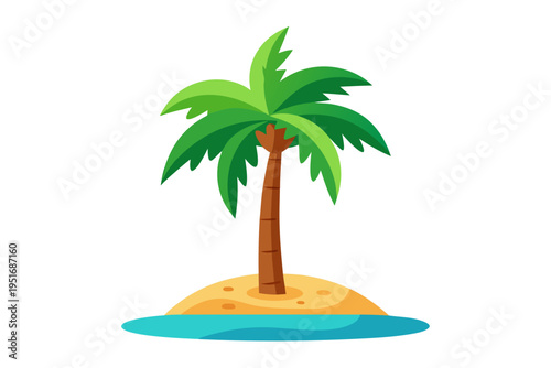 Vibrant tropical palm tree vector illustration showing a desert island oasis with green leaves and brown trunk design.