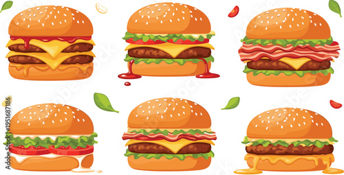 Juicy burger collection vector set with cheeseburger bacon burger and double patty burgers with melted cheese and fresh toppings illustration