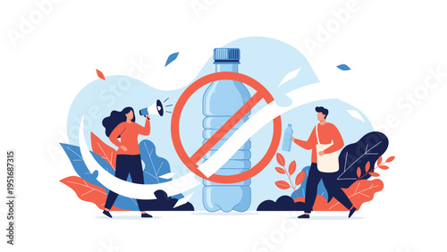 Concept of environmental protection with activists protesting against single use plastic bottles for sustainability and ecology.