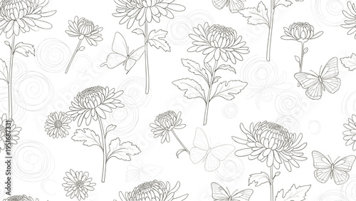 Beautiful seamless pattern featuring hand drawn chrysanthemum flowers and graceful butterflies in a clean black and white style.