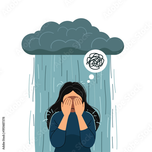 Depression, anxiety and overthinking concept illustration with woman crying with stormy cloud above her, mental health, therapy