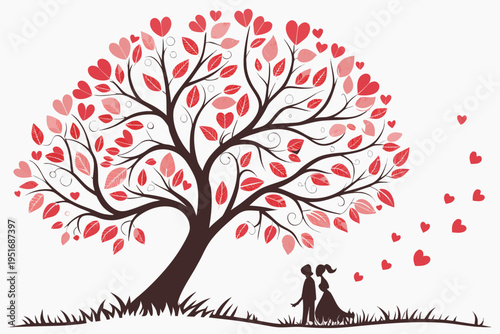 Charming vector illustration depicting a whimsical love tree adorned with vibrant heart leaves, beneath which a couple shares a tender moment.