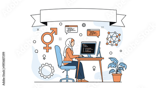 Professional woman in a hijab working on a computer at her desk with various coding icons and a blank banner on top.