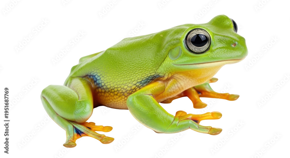 Obraz premium Green tree frog isolated PNG on transparent background, vibrant amphibian with big eyes for wildlife and nature designs