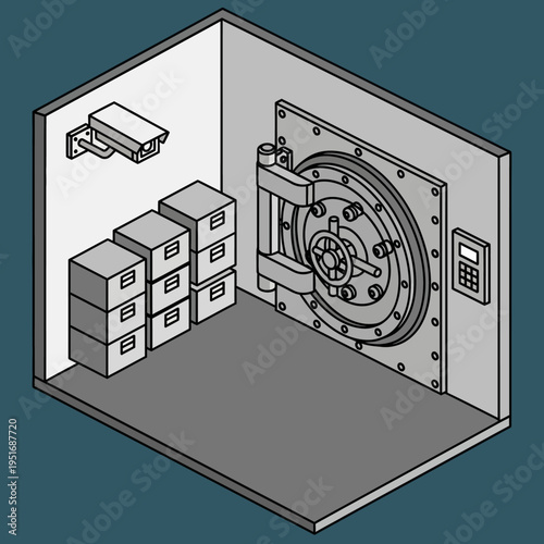 Isometric view of a bank vault interior, showcasing security measures and storage.