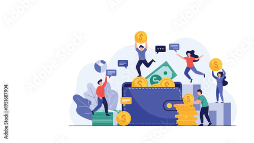 Group of joyful people celebrating their financial success around a giant blue wallet overflowing with dollar bills and coins.