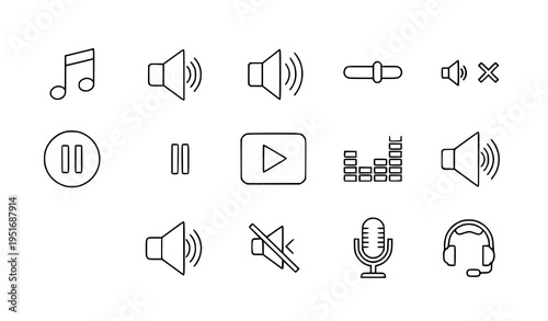 Audio and Media Player Icons Set Featuring Volume Controls, Play, Pause, Equalizer, Microphone and Headphones in Minimal Outline Vector Interface Design