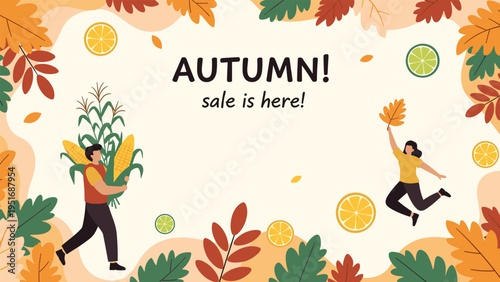 Autumn sale banner showing happy people carrying corn and jumping for joy surrounded by fall leaves and sliced fruit.