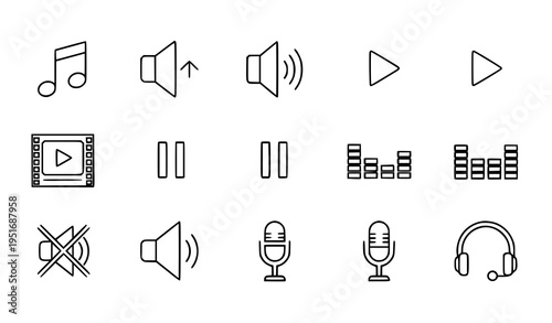 Audio and Media Control Outline Icons Set Featuring Play, Pause, Volume, Equalizer, Microphone and Headphones in Clean Minimal Line Vector Style