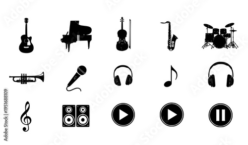 Music Icons Set Featuring Instruments, Audio Equipment and Media Controls Including Guitar, Piano, Drum, Headphones and Play Buttons in Minimal Black Vector Style