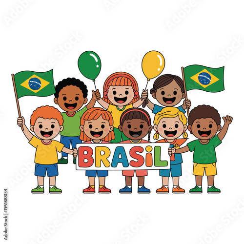 A group of diverse children celebrating Brazil with flags and balloons