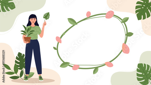 Young woman holding a potted plant and a leaf standing beside a large oval floral frame on a pastel background.