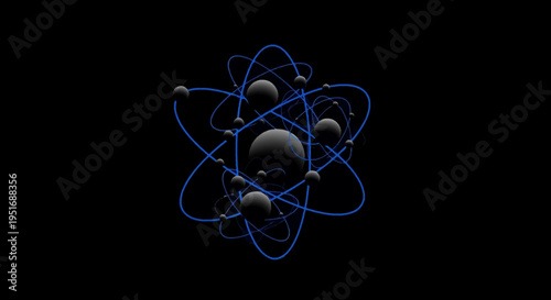 Abstract illustration of a 3D atomic structure with orbiting particles on a black backdrop