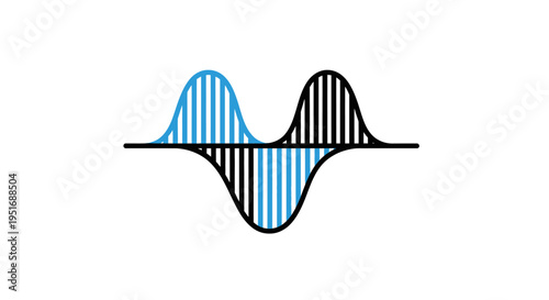 Abstract illustration of mirrored wave forms composed of vertical lines with blue and black segments