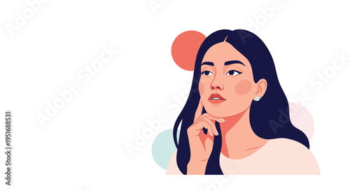 Young woman looks upwards with a thoughtful expression while resting her chin on her hand against a background of soft colored circle shapes.