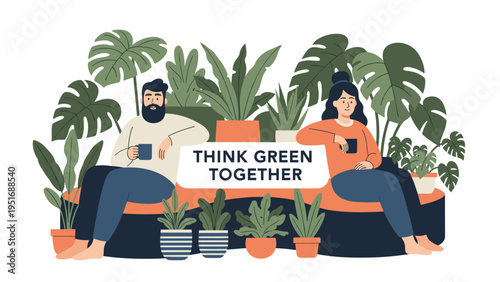 Man and a woman relaxing on a sofa while holding coffee mugs surrounded by many indoor green plants for a sustainable lifestyle.