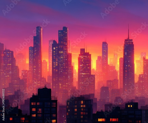 Vibrant Cityscape at Sunset: A Dynamic Urban Skyline with Towering Buildings and Colorful Sky