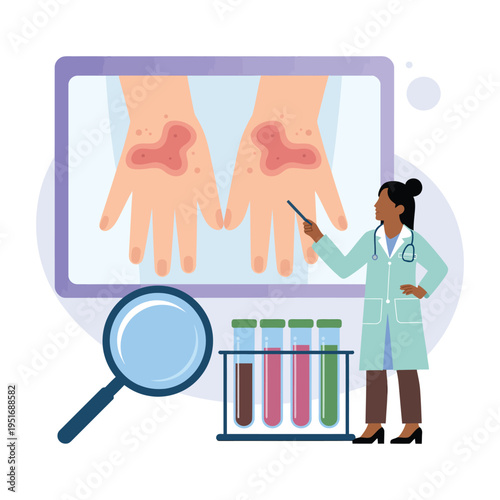 A female doctor pointing at an image of hands with a bone condition on a screen