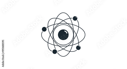 An illustrative diagram of an atom featuring electrons orbiting the central nucleus in a flat style