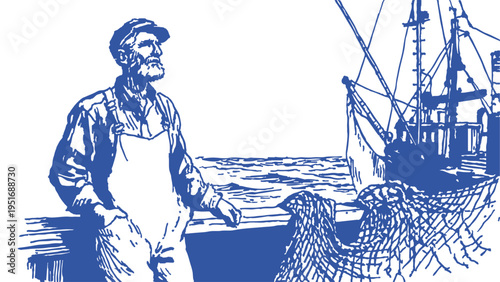 Bearded fisherman near boat and fishing net. Standing sailor watches vessel and sea horizon. Banner for nautical branding. Classic hand drawn pencil sketch style.
