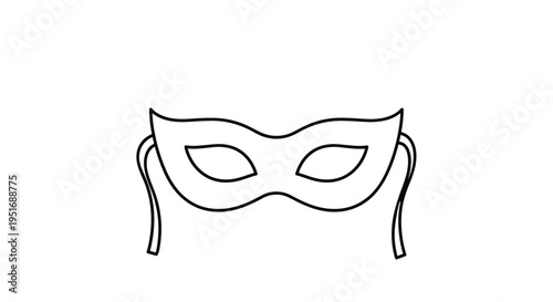 Simple black line drawing of a masquerade mask with ribbons on the sides is isolated on a white background for party or carnival themes.