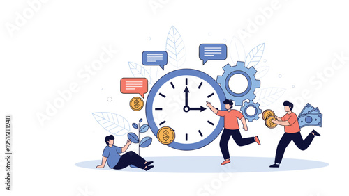 Small people interacting with a giant clock gears and money to represent time management and financial planning.