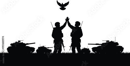 Silhouette of two soldiers high fiving with tanks and eagle above on battlefield representing teamwork victory military strength concept