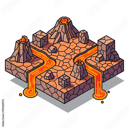 Isometric illustration of a volcanic landscape with lava flows and rock formations.