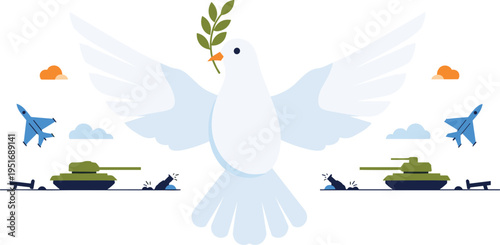 White dove holding olive branch above military tanks missiles and aircraft in sky representing peace and war contrast concept illustration