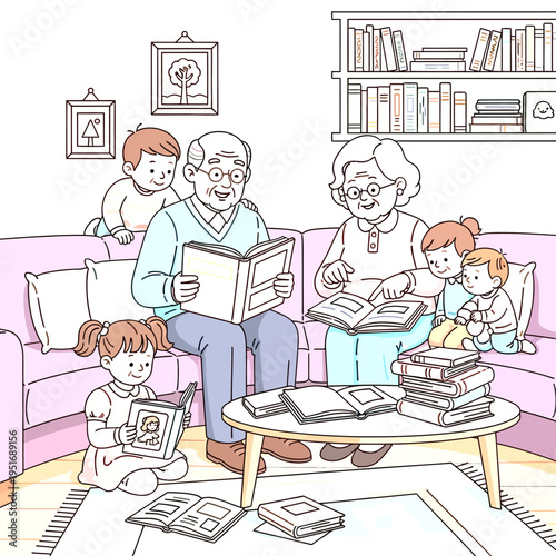 Happy multi-generational family reads books together in a cozy living room illustration. Grandparents and grandchildren enjoying stories.