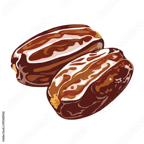 Two delicious chocolate-covered bananas with white chocolate drizzle on top isolated on white background, Vector