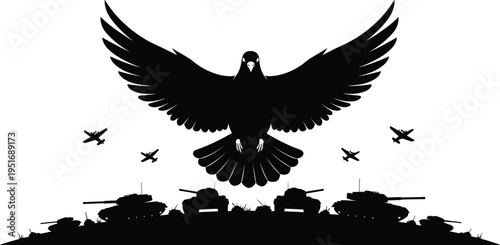 Large eagle silhouette with spread wings above battlefield tanks and fighter aircraft in sky creating powerful dramatic military war scene
