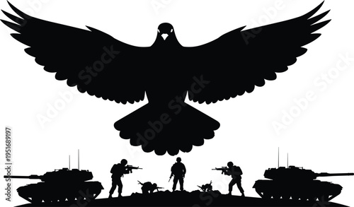 Large eagle silhouette with spread wings above soldiers and military tanks on battlefield creating dramatic war scene with strong composition