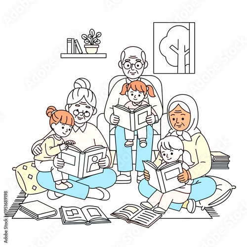 Multi-generational family reading books together, sharing stories in a cozy living room. Illustration of bonding and education.