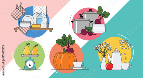 Five circular illustrations depict various domestic activities like washing dishes cooking vegetables and enjoying tea time in a clean style.
