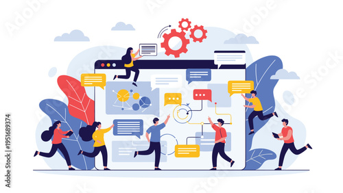 Diverse team of people working together to build a website or app around a large computer screen with chat bubbles and gears.