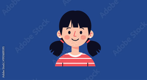 Cute cartoon girl with dark hair in pigtails wearing a red and white striped shirt smiles warmly against a solid dark blue background panel.