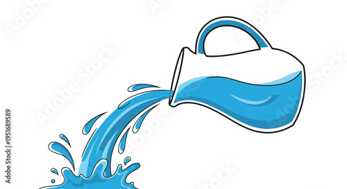 Clear pitcher pours a stream of blue water into a splashing pool below against a plain white background representing hydration and freshness.