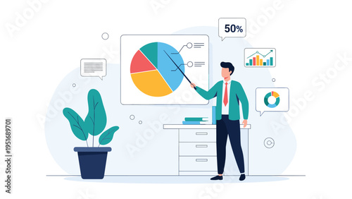 Professional man giving a business presentation by pointing to a colorful pie chart on a whiteboard in an office.