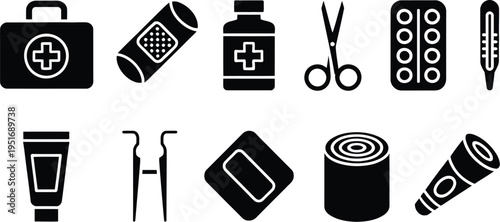 First aid kit icons set, black solid glyph collection of medical supplies including bandages pills scissors and thermometer for emergency healthcare design.