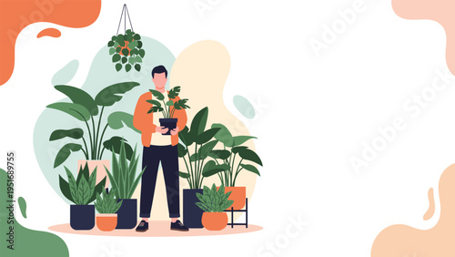 Young man standing and holding a small potted plant while surrounded by a large collection of indoor house plants.