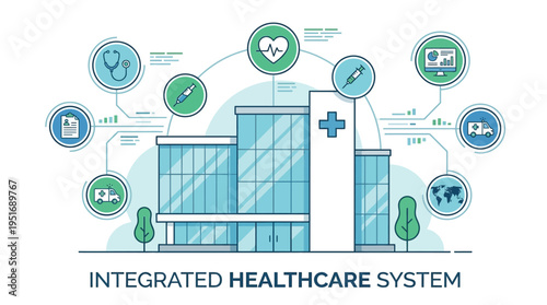 Digital illustration of an integrated Public Health Behavior & Awareness System, connecting hospital, medical technology, and data for proactive community wellness and patient care