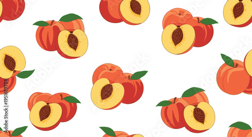 Seamless pattern of ripe peaches and halved fruit with pits is scattered across a white background creating a fresh and sweet summer wallpaper.