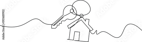 Continuous One Line Art Drawing of a House and Key for Real Estate Branding Minimalist Home Ownership and Mortgage Icon Concept