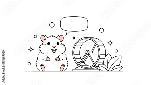 Cute line drawing of a happy hamster sitting next to its exercise wheel with a blank speech bubble for custom text.